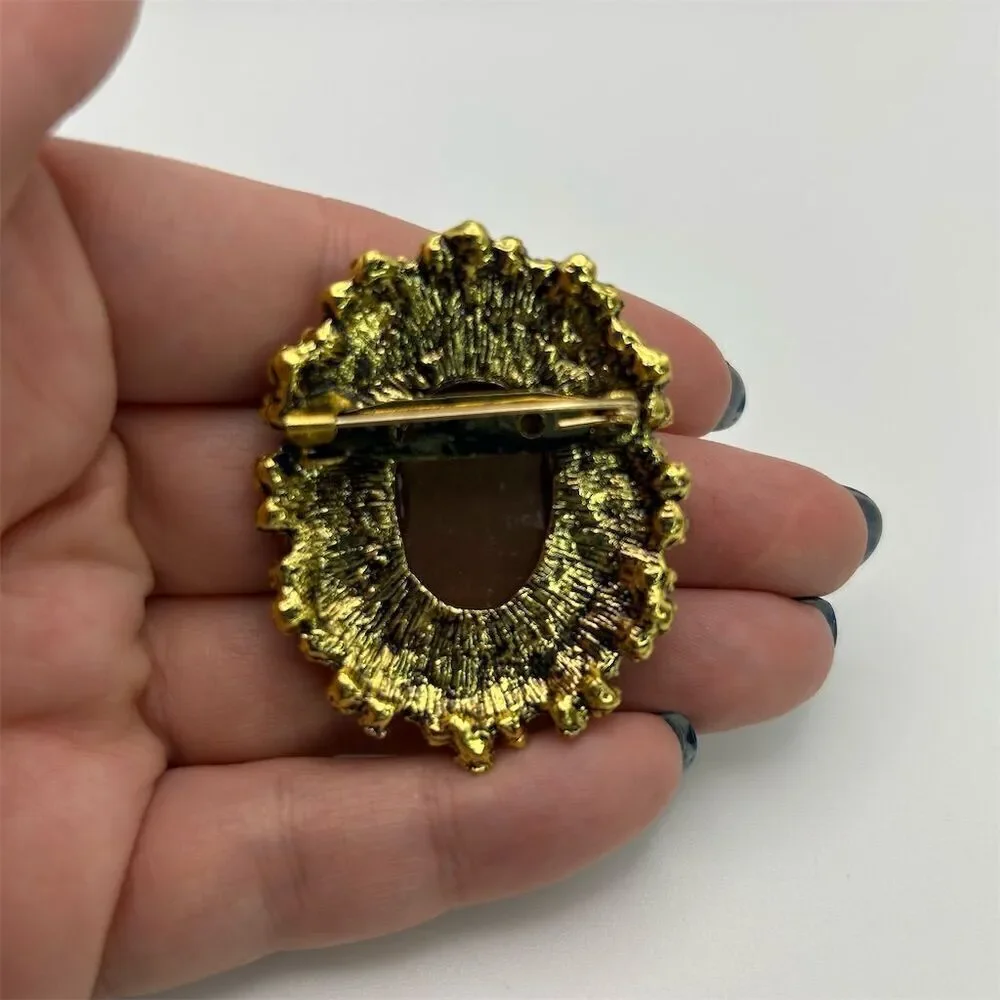 Vintage Style Victorian Lady Cameo Brooch Gold and Brown Rhinestones Retro